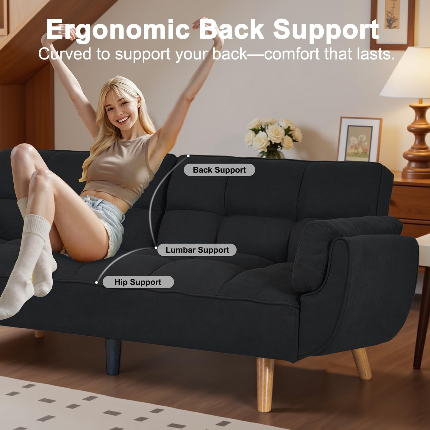 Modauiysa 73.9" Linen Futon Sofa Bed, Convertible Futon Couch Bed, Comfy Love Seat Sleeper with Adjustable Backrest, Small Couches for Small Spaces, Living Room,Bedroom and Office (Black)