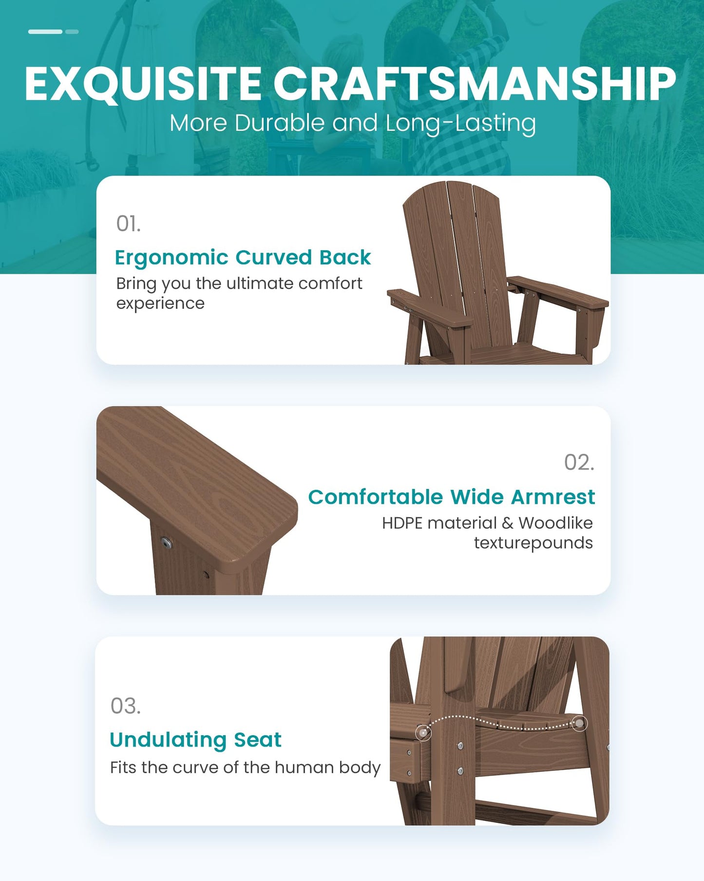 SERWALL Outdoor Adirondack Dining Chair Set of 2, All Weather HDPE Patio Chairs, Brown
