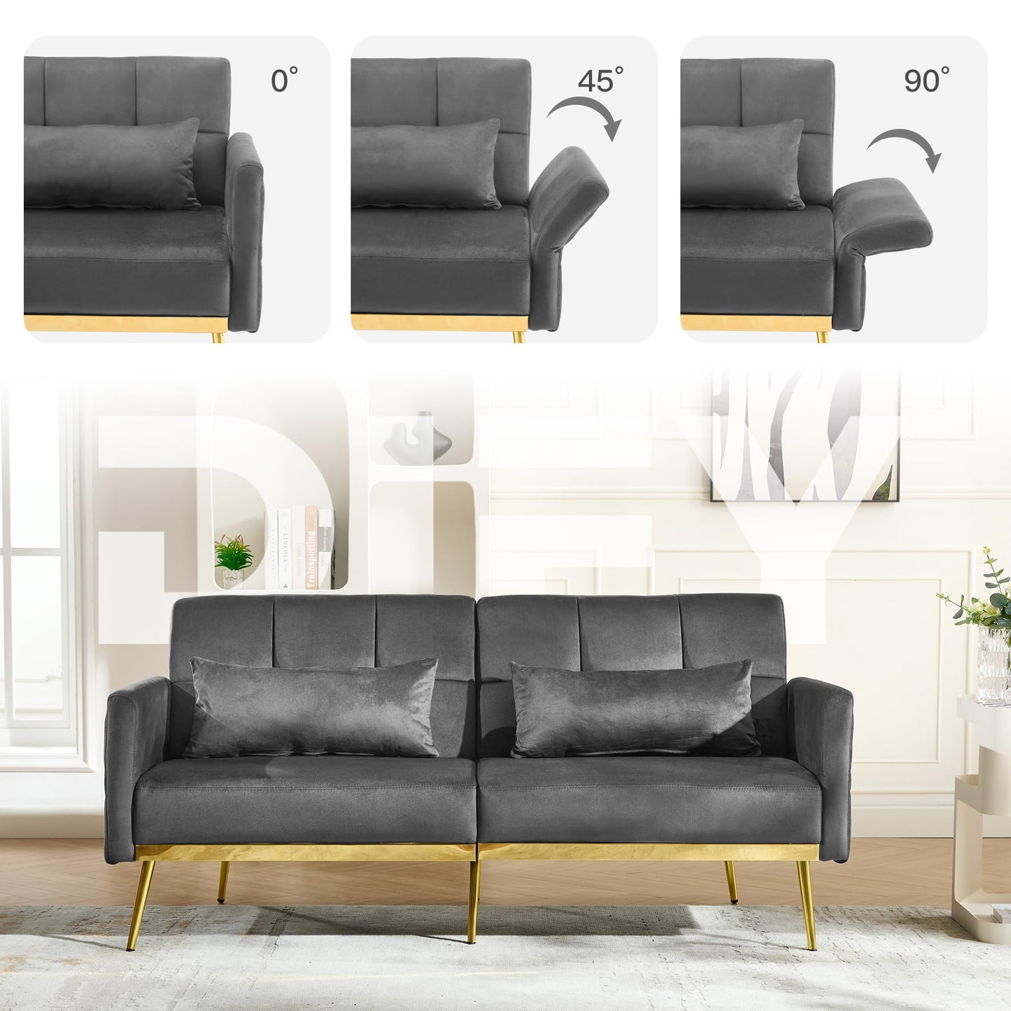 DIFY 70'' Velvet Futon Sofa Bed, Convertible Sleeper Sofa Tufted Couch with Adjustable Armrests and Backrest, Modern Loveseat Sleeper Bed with 2 Bolster Pillows for Living Room, Grey