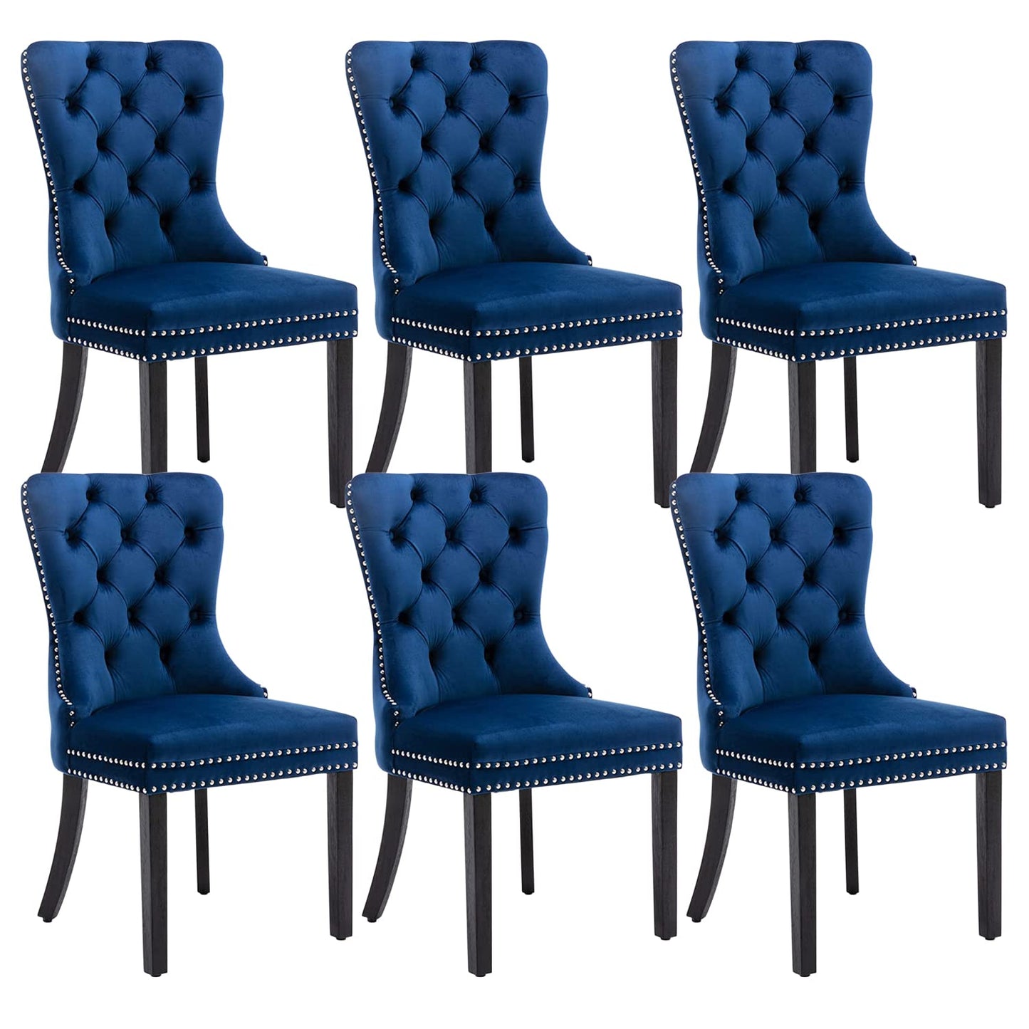 Eifizek Velvet Dining Chairs Set of 6, Tufted Dining Room Chairs with Nailhead Ring Pull Trim, Upholstered Dining Chairs with Solid Wood Legs for Kitchen Dining Room, Sillas De Comedor (Blue)