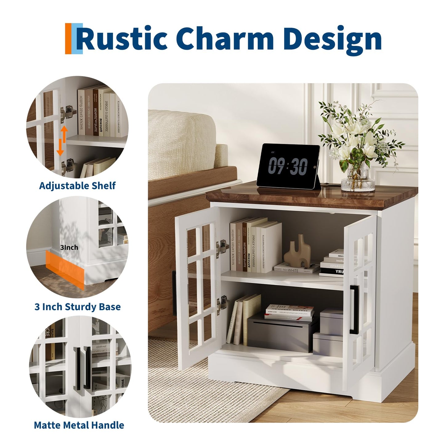 GarveeHome 24inch Farmhouse End Table, Rustic Square Nightstand Sofa Side Table with Charging Station Adjustable Storage Shelf for Living Room Bedroom, White