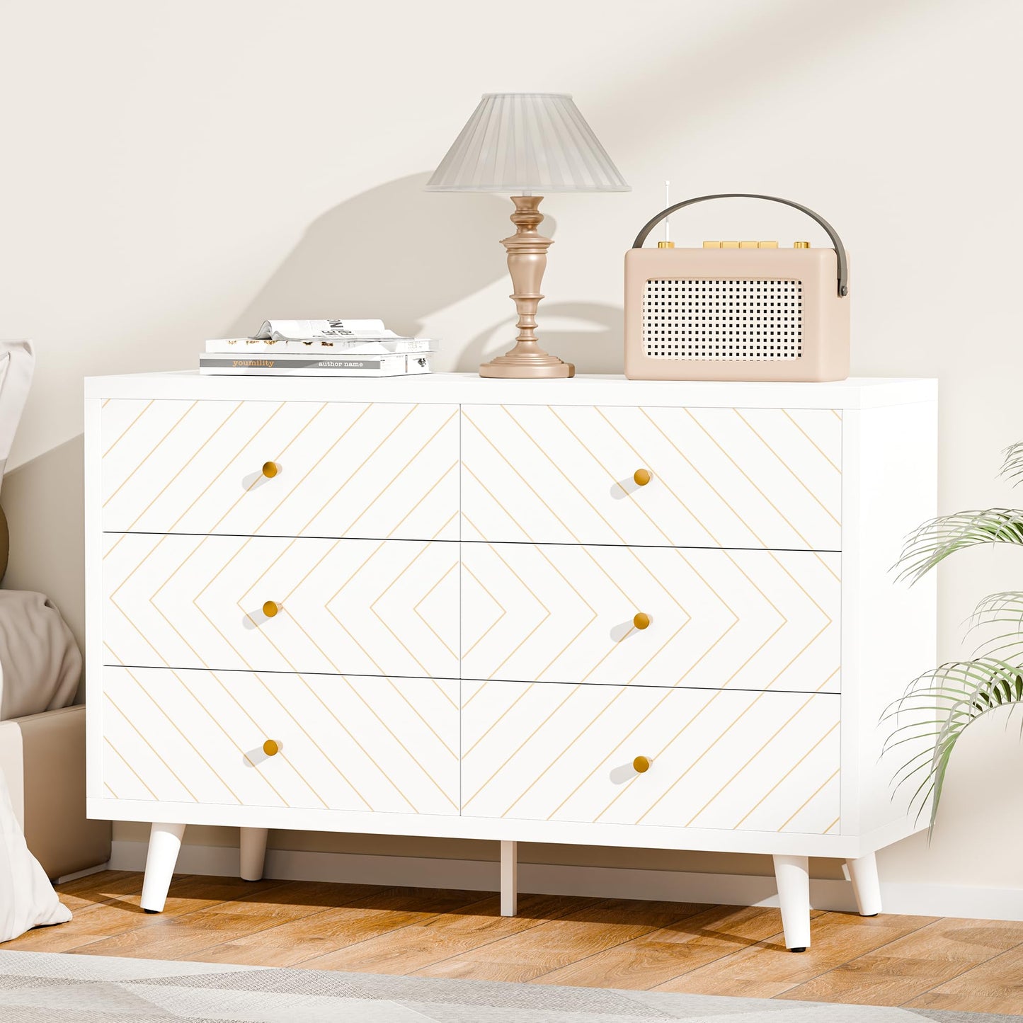 FNCK White Dresser for Bedroom, 6 Drawer Dresser with Wide Drawer, Wood Dressers & Chests, TV Stand for 50" TV, Modern Storage Cabinet for Dorm, Hallway, Dressers and Nightstand Sets