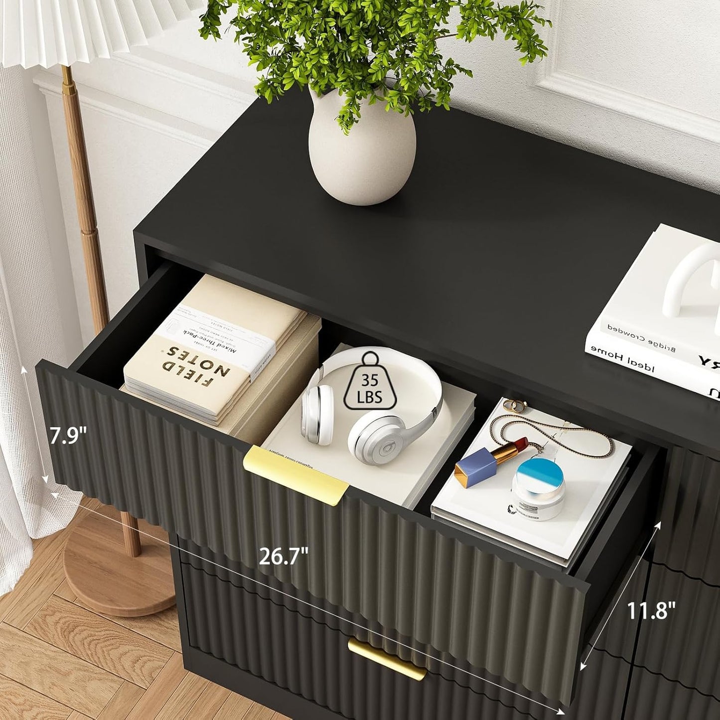 Sscaktu 8 Drawer Dresser for Bedroom, Modern Fluted Double Dresser, 55" Wide Chest of Dressers, Wooden Beside Table for Closet, Living Room and Entryway, Black