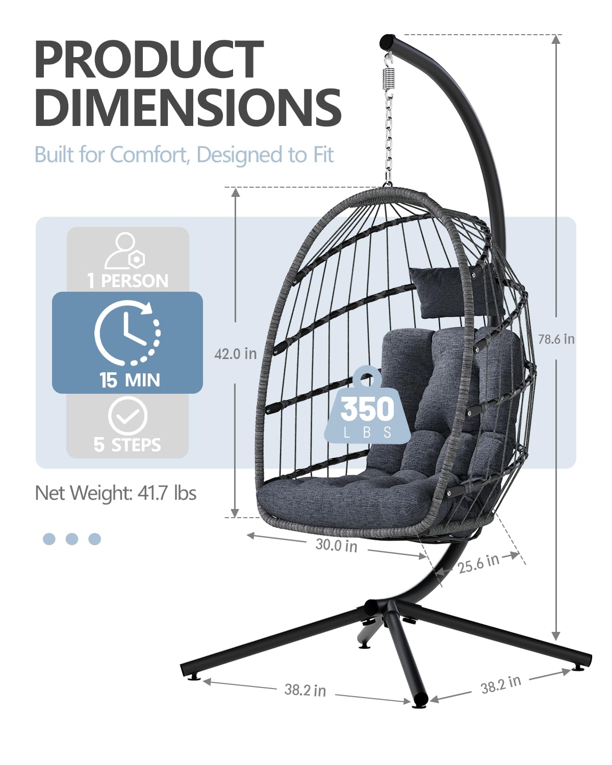 SWITTE Egg Chair Outdoor with Stand, Indoor Wicker Hanging Egg Swing Chair with Cushion, 350lbs Capacity for Patio, Bedroom, Garden - Gray