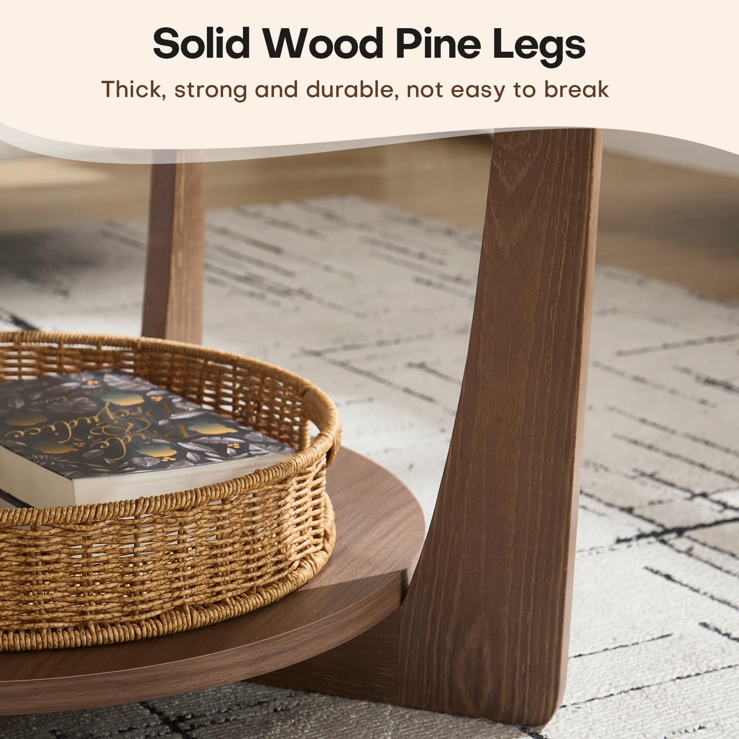 BECHAEO 31.5'' Round Coffee Table with Solid Wood Pine Legs, 2-Tier Retro Round Coffee Table with Storage Shelf, Small Modern Wood Circle Coffee Table Boho Round Center Table for Living Room (Walnut)