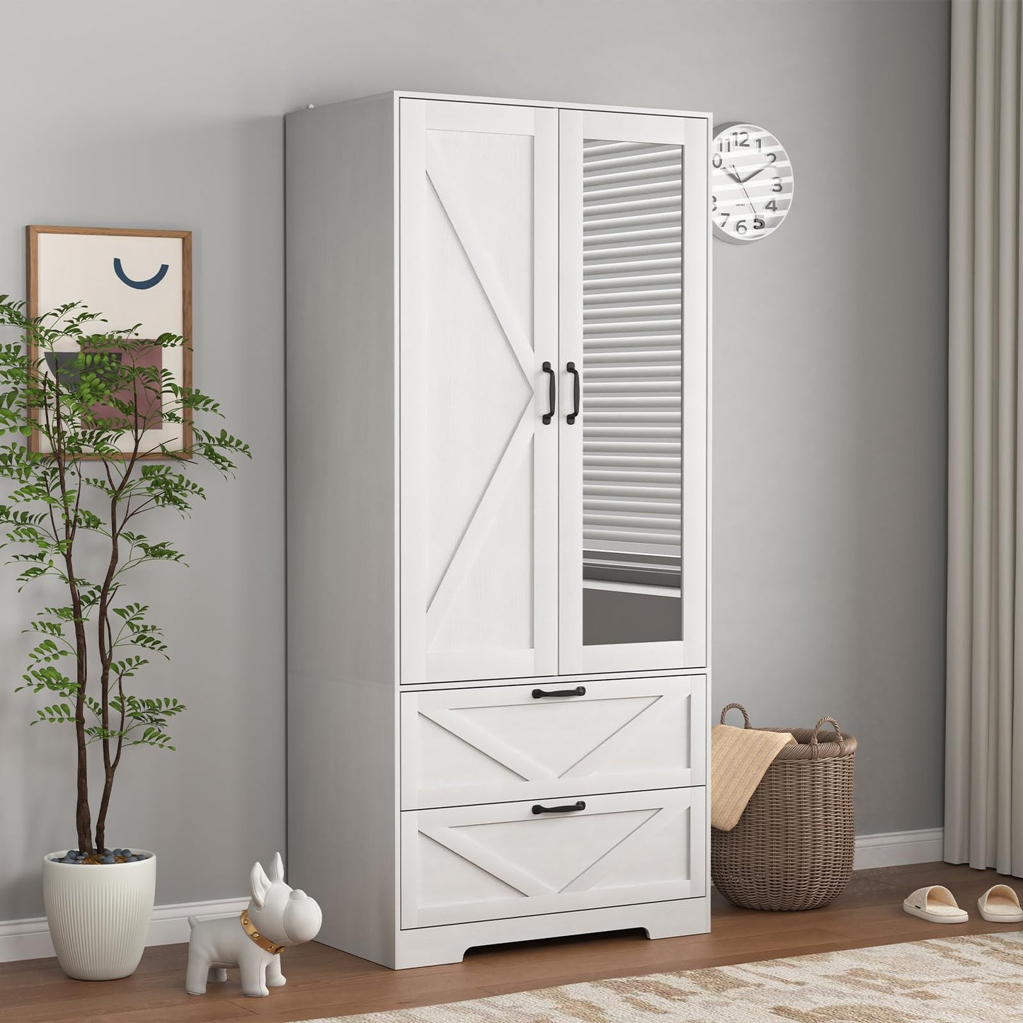 UZUGUL Armoire Wardrobe Closet with Mirror and 2 Drawers, 72'' Bedroom Armoire Wardrobe Cabinet with Hanging Rod and Light,Wooden Bedroom Closet with Adjustable Shelf