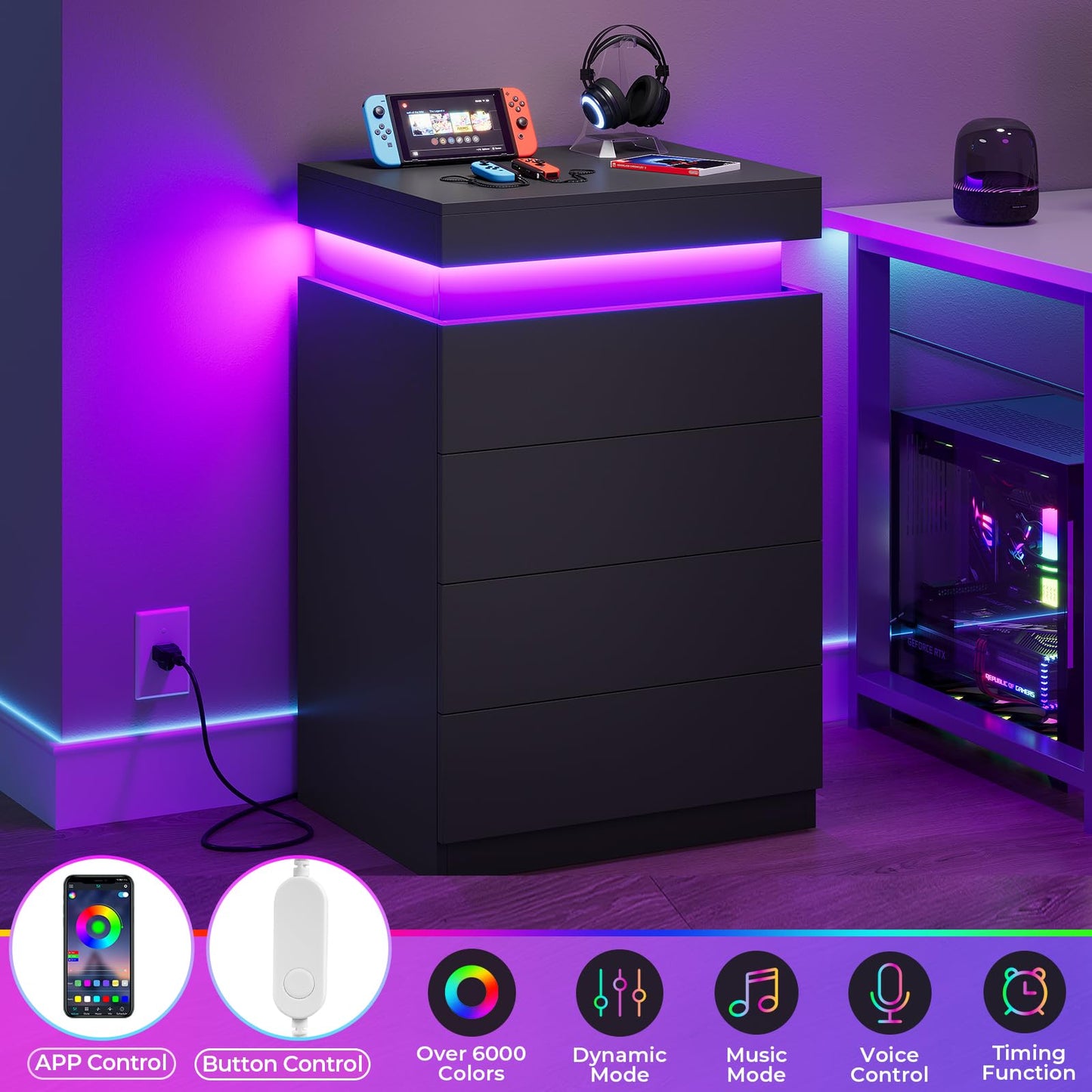 ADORNEVE Black Night Stand Set of 2,Tall Nightstand with Charging Station & LED Light & Sliding Top,Bedside Table with Drawers,Modern Bed Side Tables Bedroom
