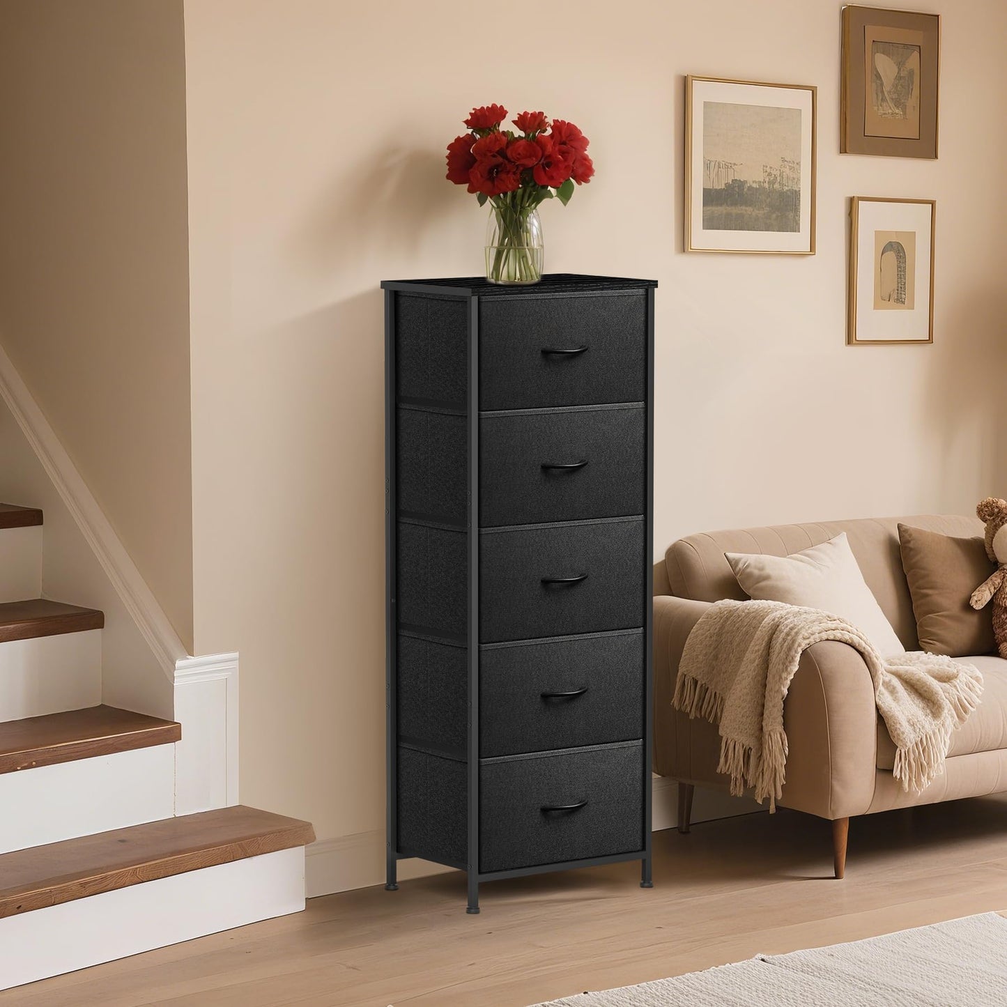 Sonharlar 5 Fabric Drawer Dresser for Bedroom, Chest of Drawers with Waterproof Wood Top Tall Dresser for Hallway, Living Room, Kid Room (Black and Charcoal Black)