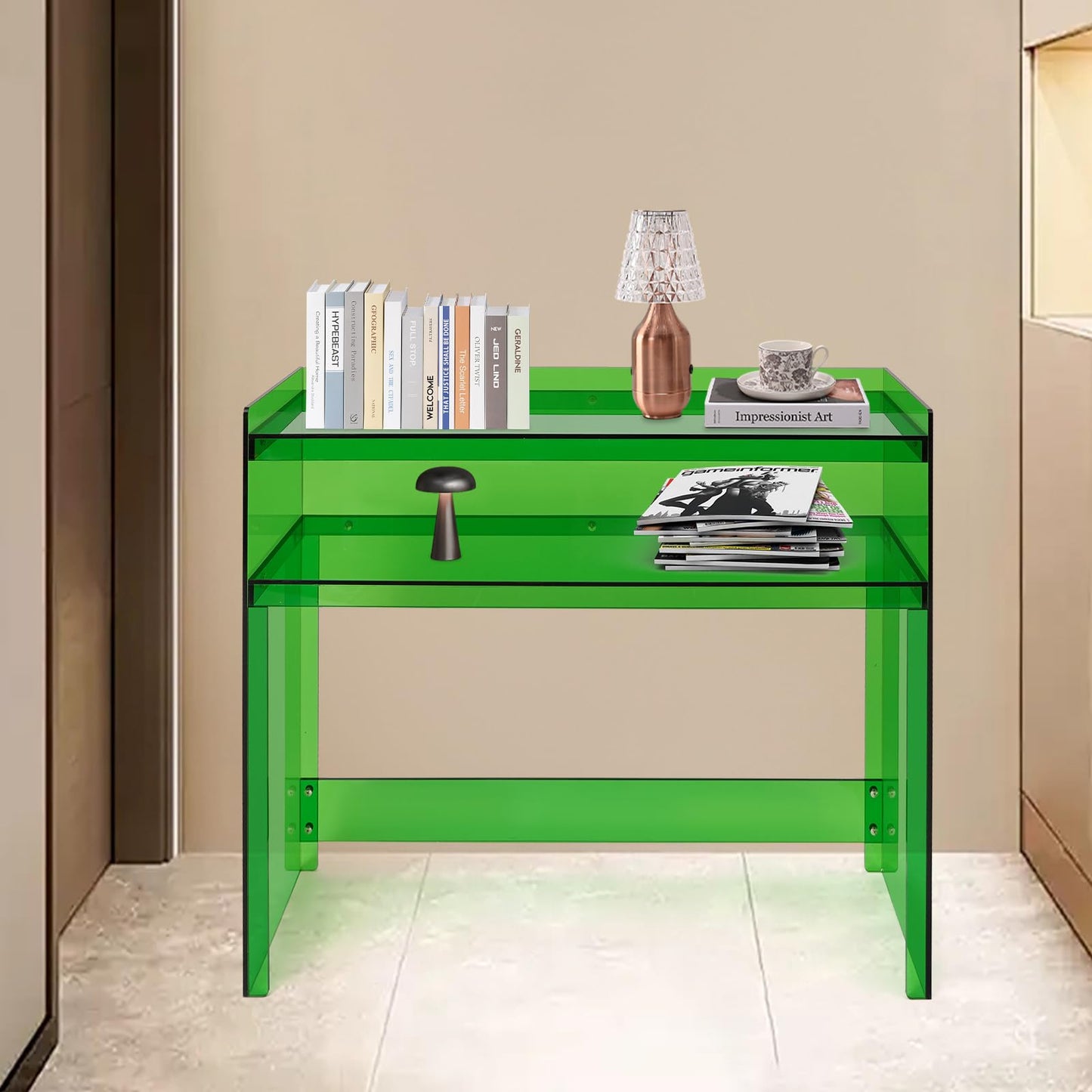 BuufuS Acrylic Console Table, Modern Narrow Sofa Console Tables with 2 Tier Storage Shelves Skinny Entryway Clear Table 39.5" Wx12 Dx 31.5" H for Sofa Foyer Hallway Living Room Entry (Green)
