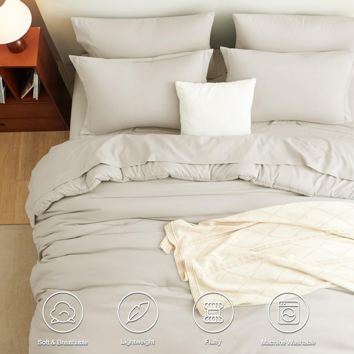 CozyLux Queen Comforter Set Beige, 7 Pieces Bed in a Bag Soft Bedding Comforter Set with Sheets, All Season Boho 7PC Bed Sets with Comforter, Fitted Sheets, Flat Sheets, Pillow Shams and Pillowcases