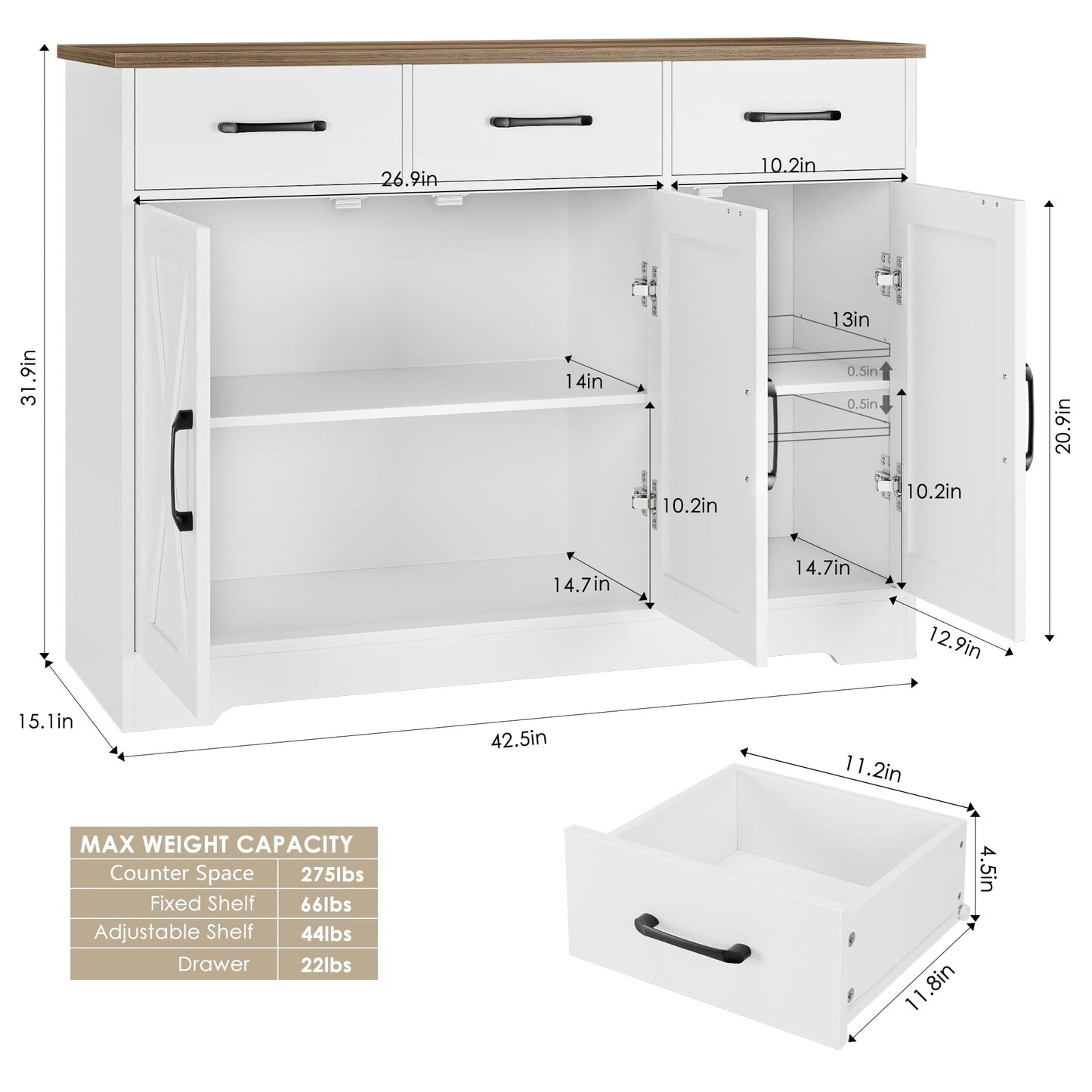 HOSTACK Modern Farmhouse Sideboard Buffet Cabinet, Barn Doors Buffet Storage Cabinet with Drawers and Shelves, Wood Coffee Bar with Storage for Kitchen, Dining Room, Living Room, White