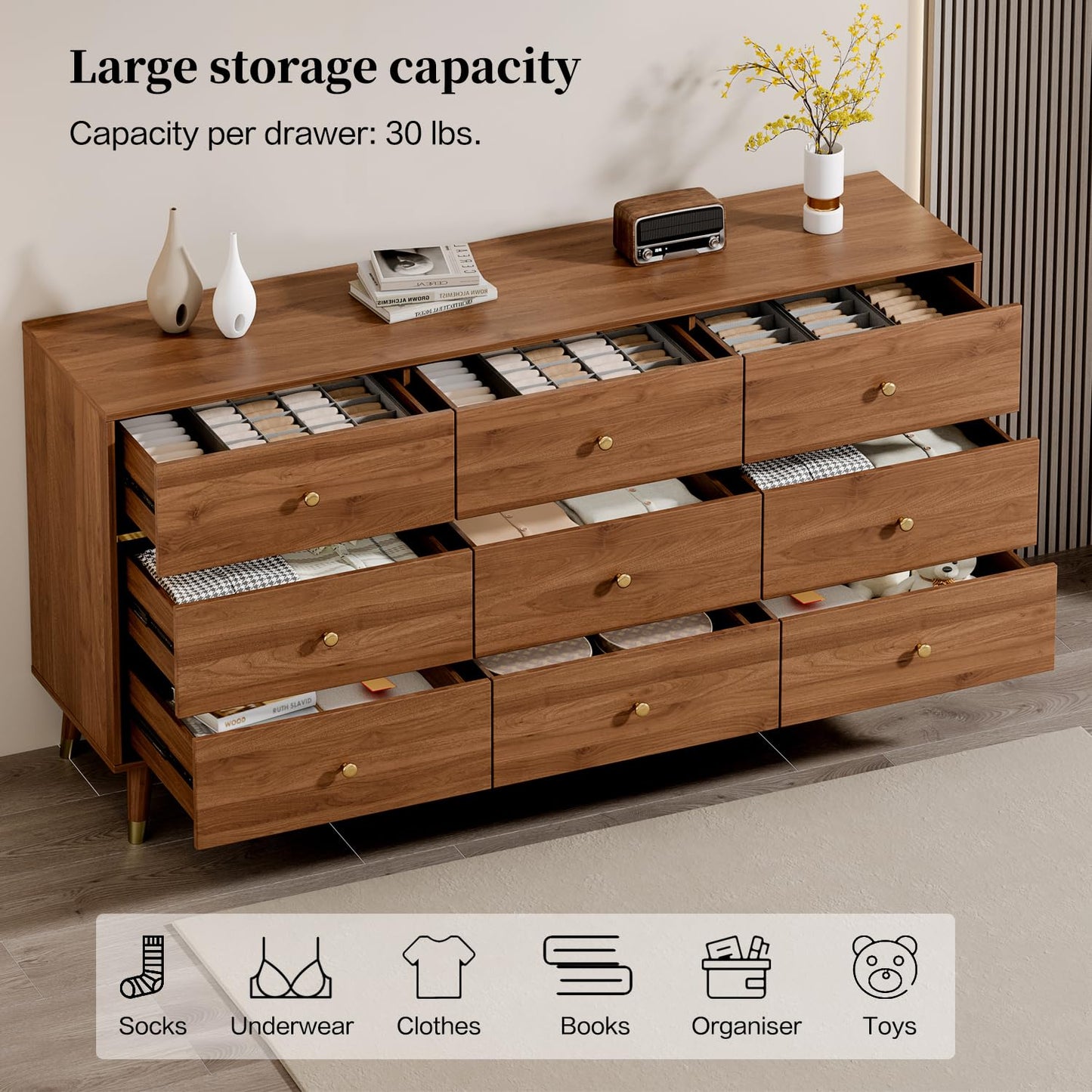 Chrangmay 9 Drawer Dresser,63" Wide Mid Century Modern Chest of Drawers,Wooden Bedroom Drawer Dresser with 9 Storage Drawers for Bedroom, Living Room,with Anti-Tipping Device,Umber