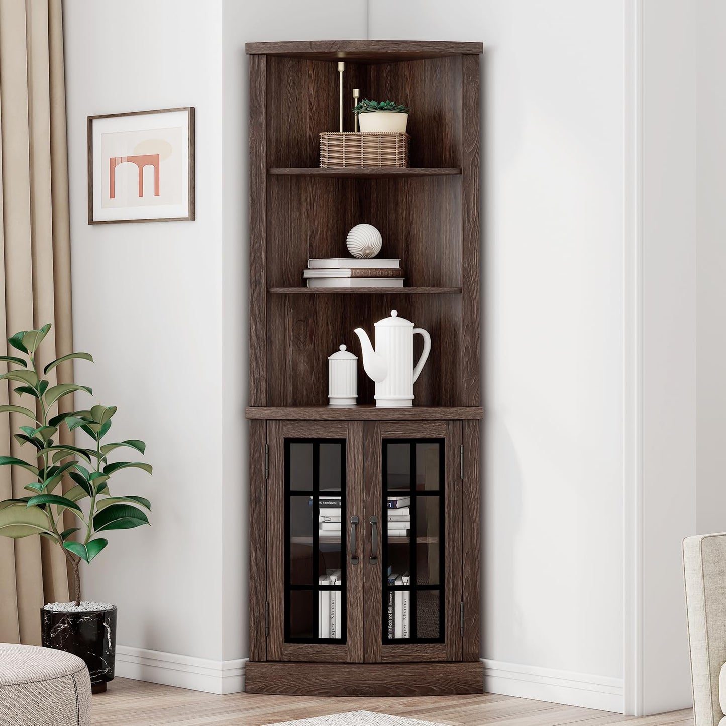 AMERLIFE Curved Corner Storage Cabinet, 65" Tall Freestanding Bookcase with Glass Doors & Adjustable Shelves, 5-Tier Corner Display Cabinet for Living Room, Bathroom, Laundry Room, Espresso