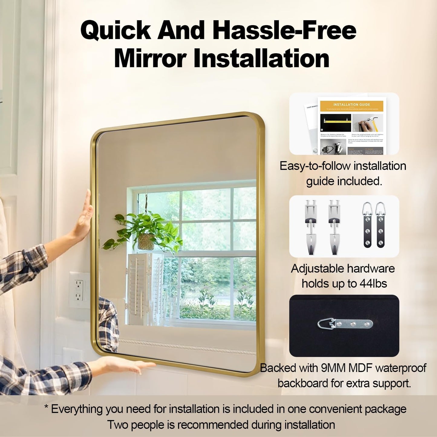ANDY STAR Gold Bathroom Mirror for Wall, 30x36’’ Brushed Gold Mirror, Rounded Rectangle Mirror for Vanity in SUS304-Anti-Rust, Wall-Mounted Horizontal/Vertical 1’’ Deep