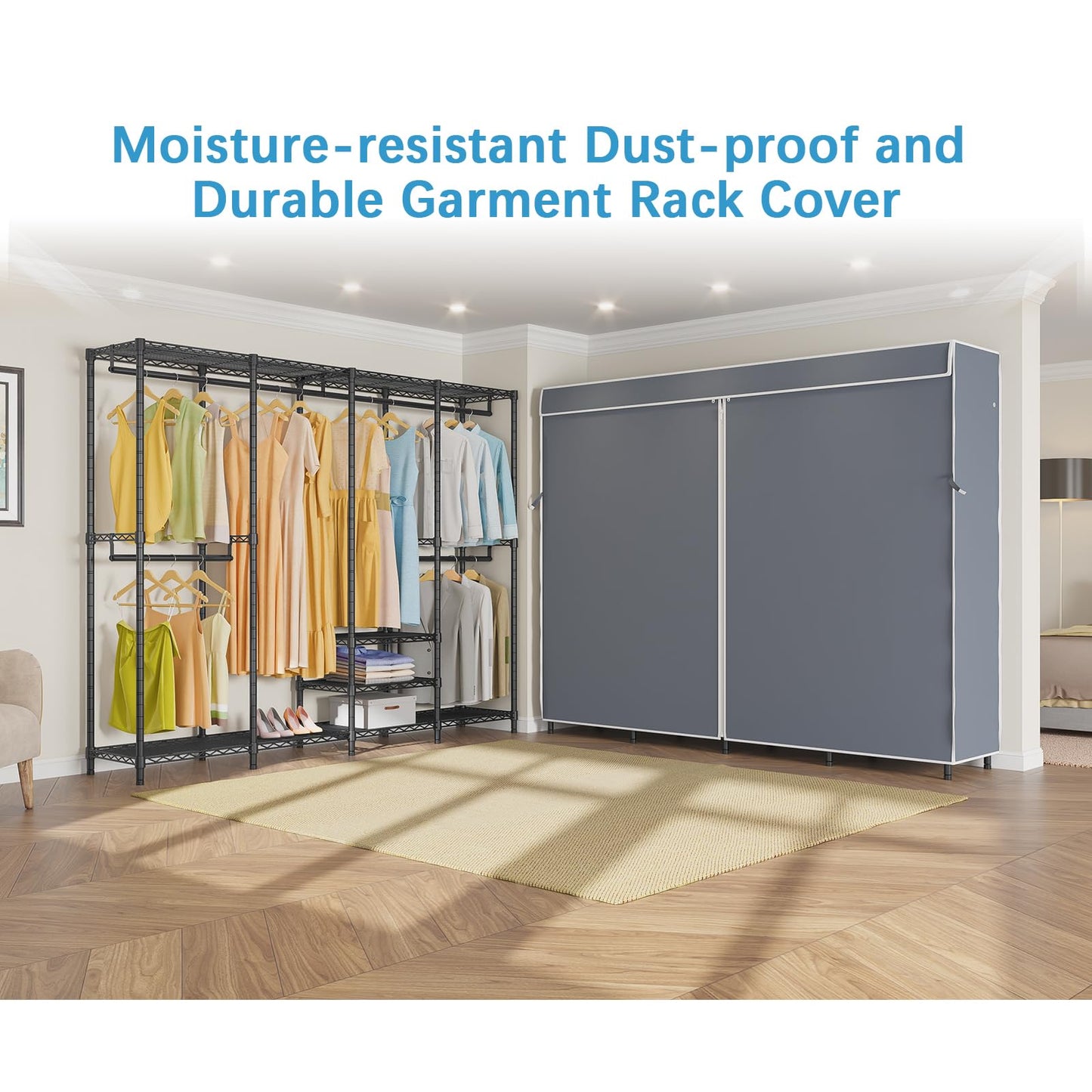 VIPEK V40C Covered Clothes Rack Heavy Duty Clothing Rack with Cover, Custom Freestanding Closet Portable Wardrobe Closet for Bedroom, Large Black Coset Rack with Grey Oxford Fabric Cover