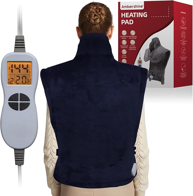 Ambershine 26"x35" XXXL King Size Neck& Shoulder& Back Heating Pad with 12 Temperature Settings& 4 Auto-Off Countdown Timers, Pain Relief for Back/Neck/Shoulder, Christmas Gift for mom dad(Navy Blue)