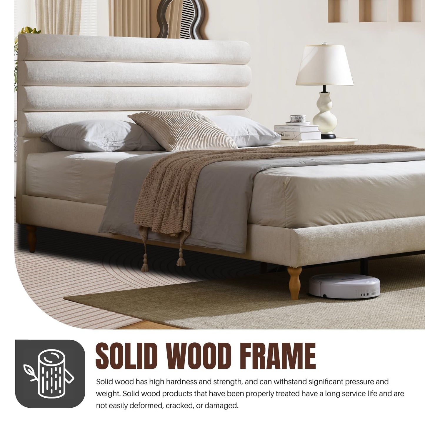 PINJU Queen Size Upholstered Bed Frame with Roundwood Stacked Headboard, Solid Wood Feet, No Noise, Wooden Slat Support, No Spring Mattress Required, Easy to Assemble（White, Queen）