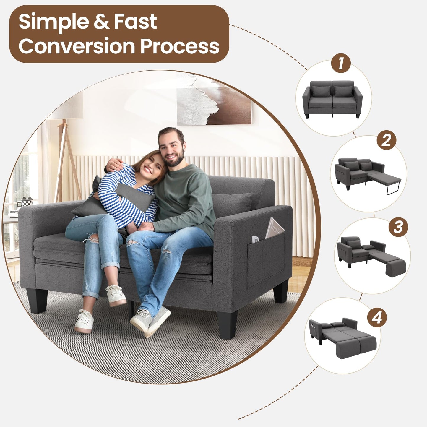 SEJOV 6-in-1 Convertible Sofa Bed, 58" Loveseat Sleeper Sofas with Pull Out Couch Bed, Removable Backrest, Storage Pockets and 2 Pillows, Modern Folding Linen Futon Couch for Small Spaces, Gray