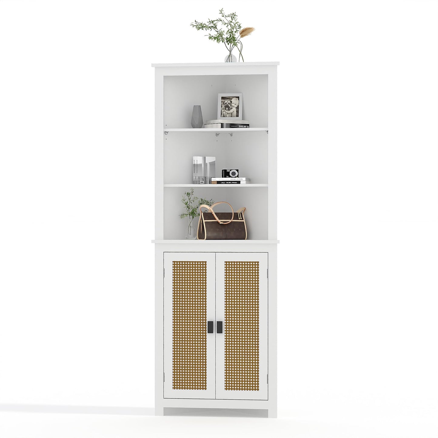 Amenitlif Corner Storage Cabinet with Adjustable Shelves - 63.78" Tall Freestanding Bathroom & Kitchen Organizer, Space-Saving Cabinet for Pantry, Laundry Room - Rustic White Finish, Easy Assembly