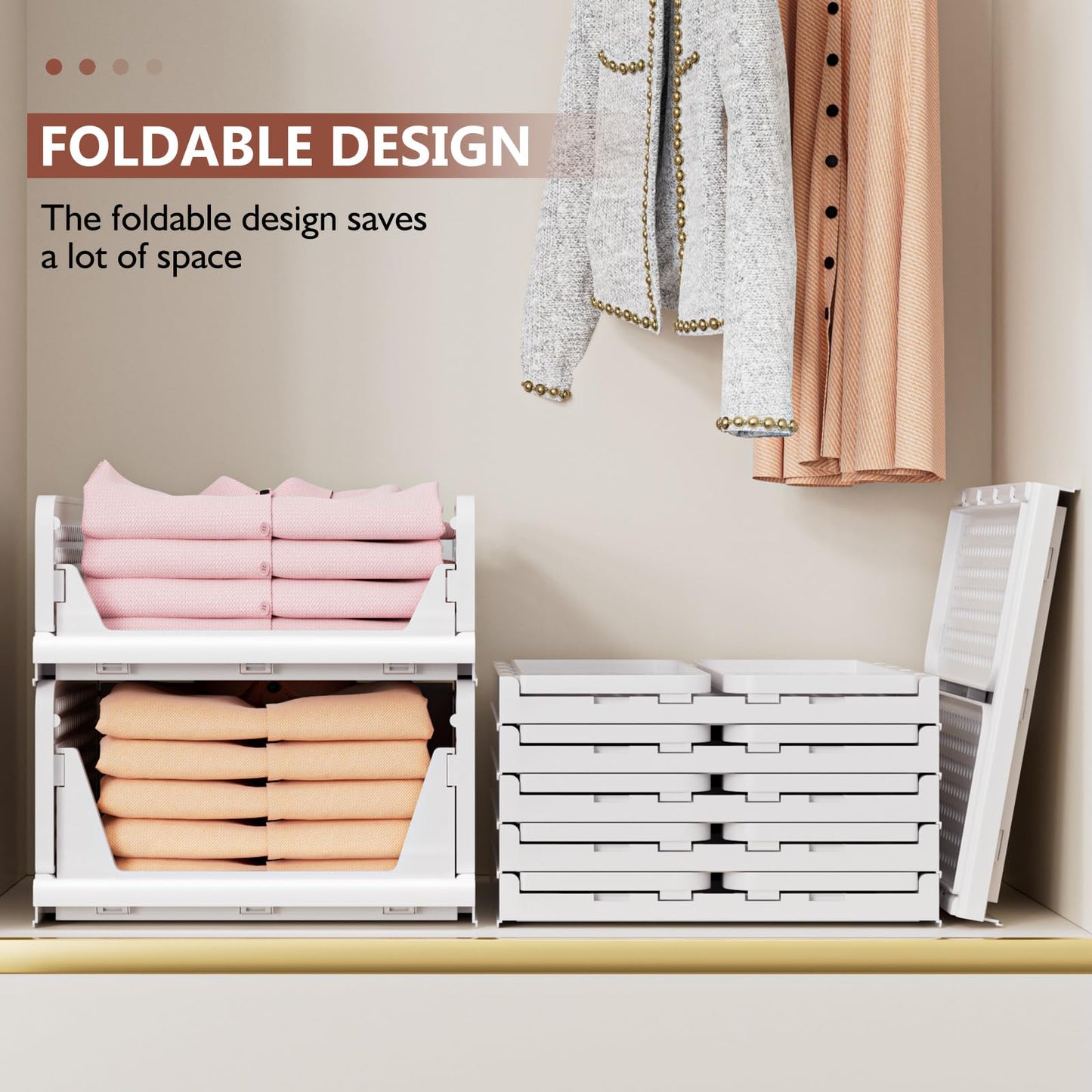 CTSNSLH 5 Pack Folding Closet Organizers Storage Box, Stackable Storage Bins, Plastic Drawer Basket Closet Storage for Wardrobe Cupboard Kitchen Bathroom Office White-5L