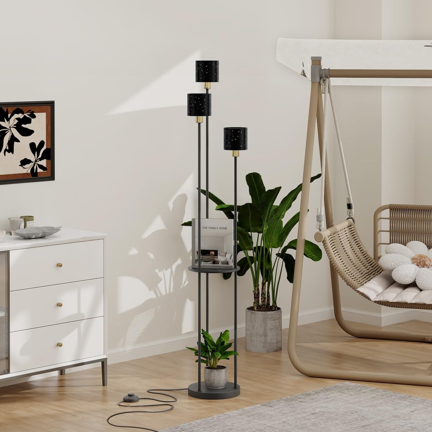 Modern Black Floor Lamp with 3 Lights Standing Shelves for Living Room and Bedroom Tall Standard