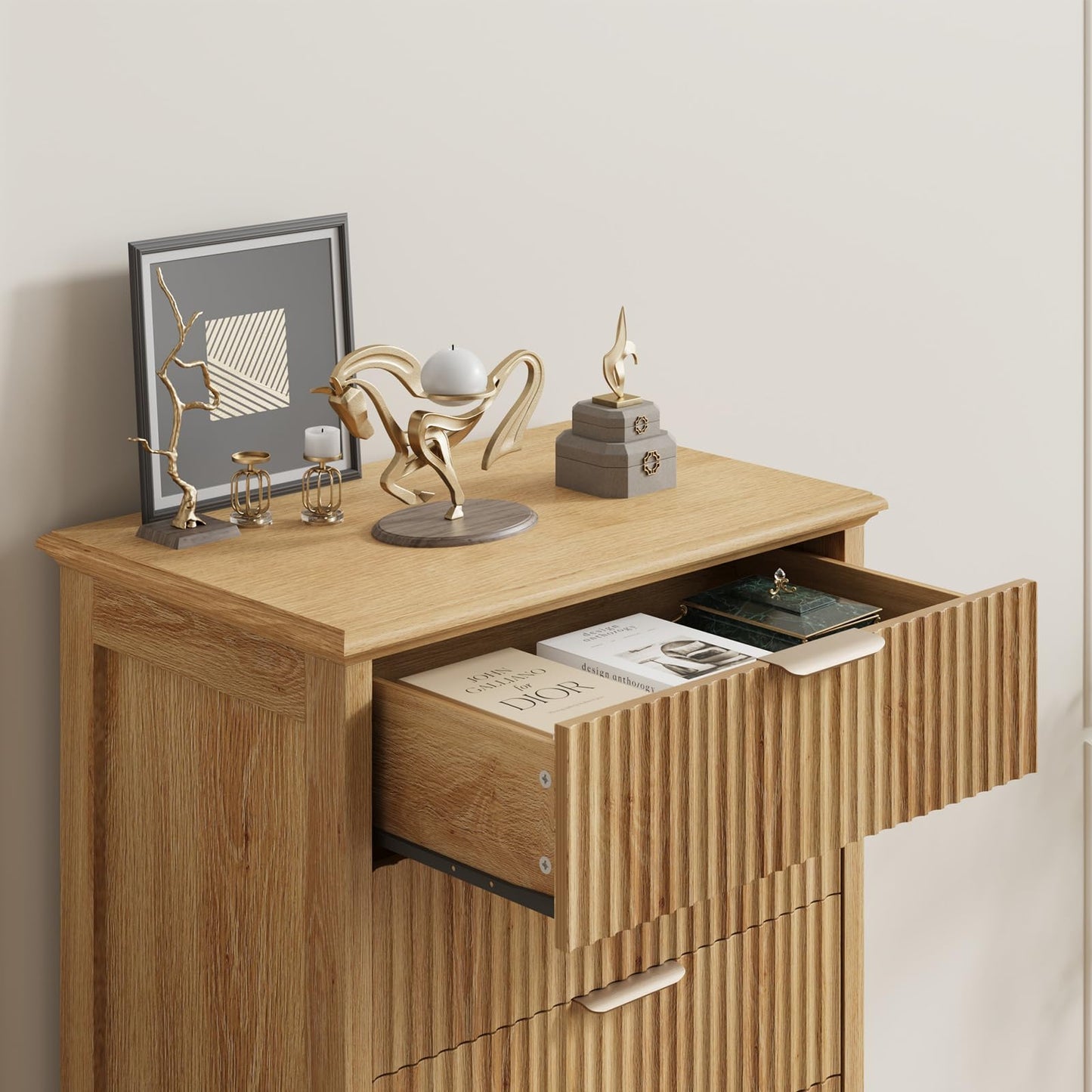 QUW Fluted 6 Drawer Dresser for Bedroom, Modern Tall Chest of Drawers with Metal Handle, Large Wood Storage Chest Organizer Accent Storage Cabinet for Living Room, Hallway, Entryway, Natural Oak