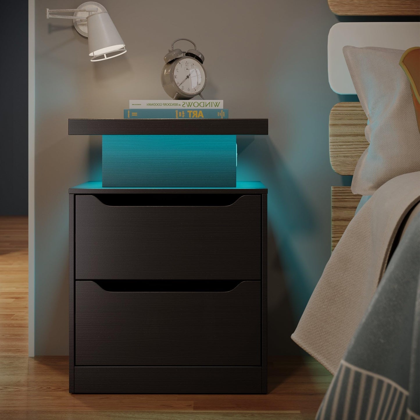 Gizoon Nightstand with Charging Station, 2 Drawers, Night Stand Set 2 with LED Lights, Modern Wood Bedside Table, End Side Table with Storage for Bedroom