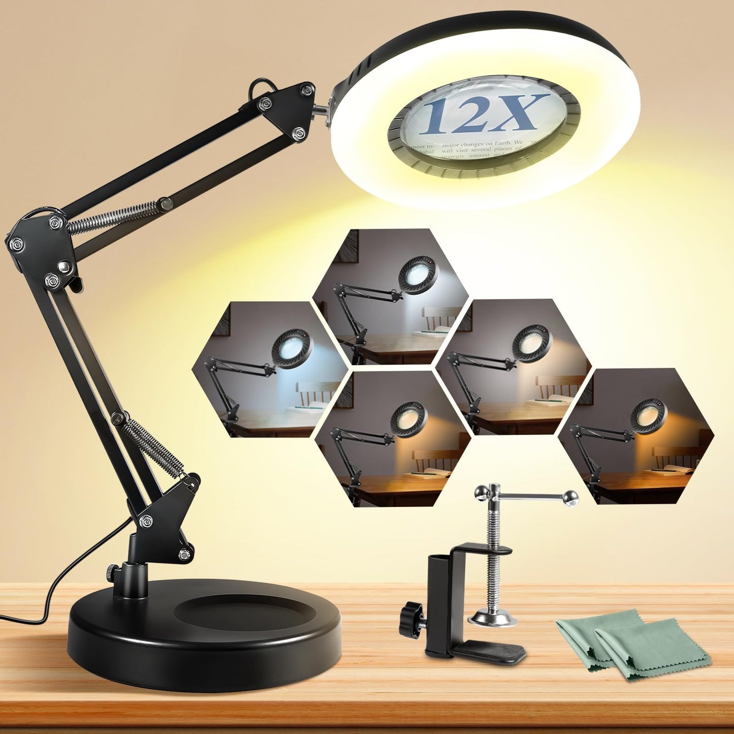 12X Magnifying Glass with Light and Stand, 144 LEDs Brightest Desktop Magnifying Lamp, 10 Dimmable Brightness 5 Color Modes, Hands Free Metal Desk Lamp for Craft Reading Painting Hobby Close Work