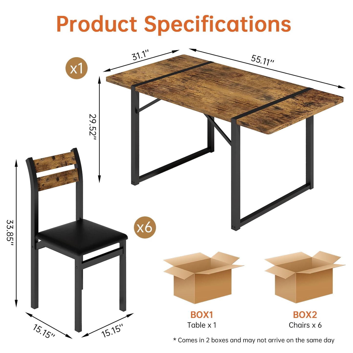 Recaceik Dining Table Set for 6, 55‘’ Wooden Dinner Table Set for 6 with Upholstered Dining Room Chairs, Farmhouse Kitchen Table and Chairs