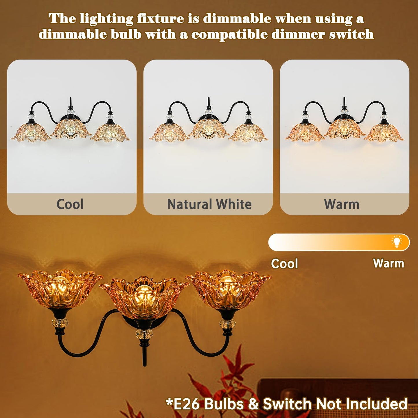 sunkryster Black Bathroom Vanity Light,3-Light Vanity Light with Floral Amber Glass Shades,Vintage Farmhouse Wall Mount Lighting for Bathroom, Dressing Table