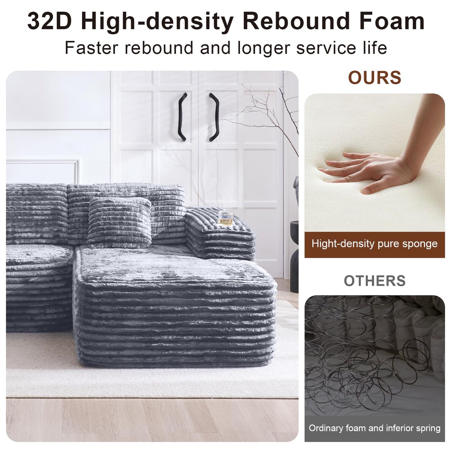 Cloud Sectional Couch with L-Shape Chaise, Modern Modular Sofa with Deep Seat, Built-in Cup Holder & Storage Pocket for Living Room Bedroom, No Assembly Required (Light Gray, Right Facing Chaise)