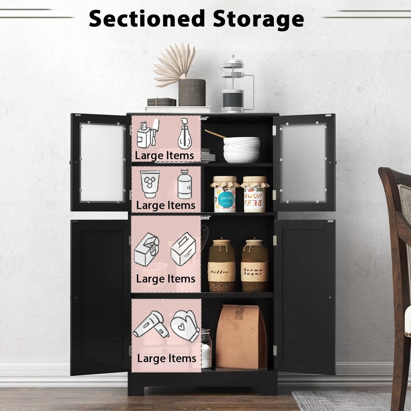 POWERSTONE Bathroom Storage Cabinet, Freestanding Floor Cabinet Organizer with Glass Doors & Adjustable Shelf, Wooden Kitchen Pantry Cupboard for Living Room, Bathroom, Office, Entryway (Black)