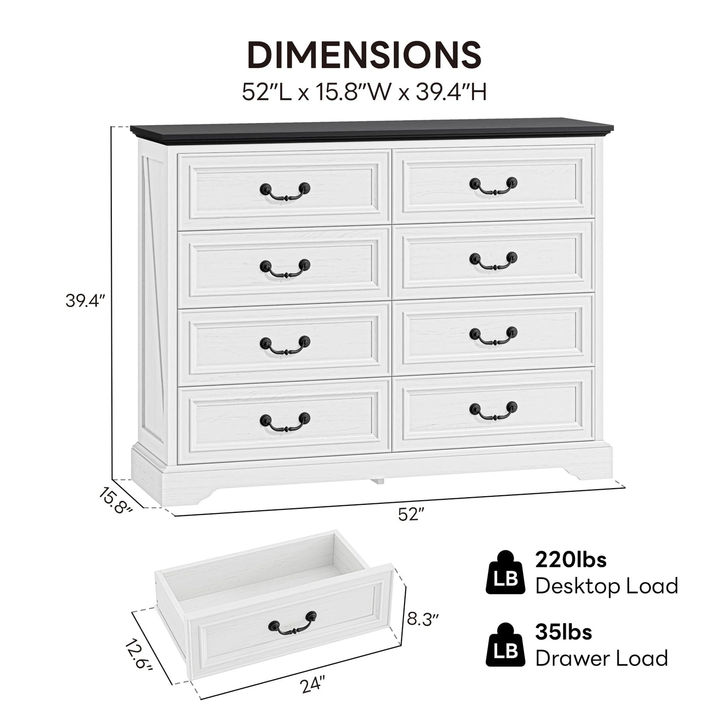 LIKIMIO Farmhouse 8 Drawer Dresser for Bedroom, 52" Wide Dresser Drawers with Storage, Rustic Wooden Chest of Drawers for Bedroom, Hallway, Antique White