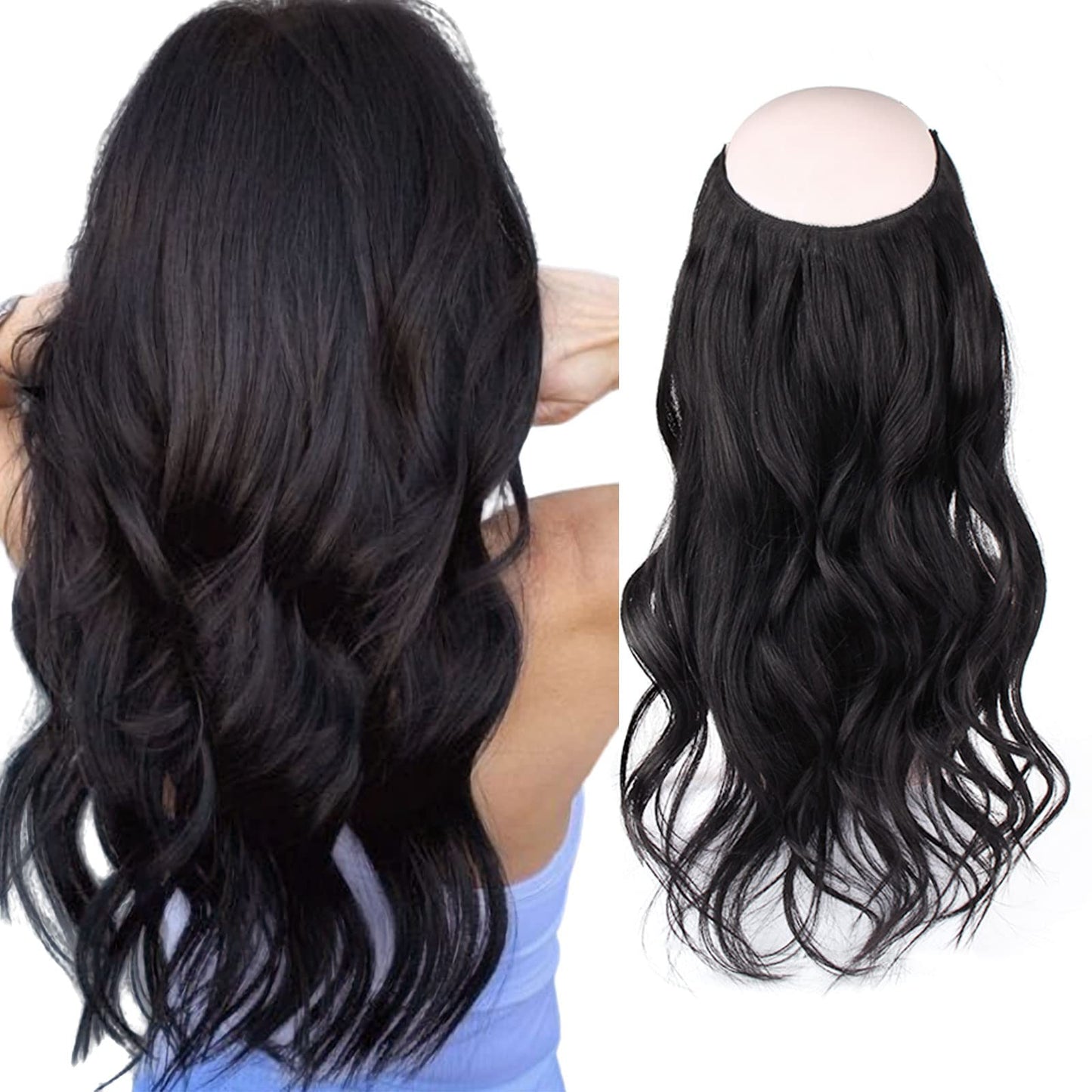 Sassina Invisible Wire Hair Extensions Real Human Hair with Transparent Wire Adjustable Size Secure Clips Natural Straight Secret Miracle Hairpiece, #1 Jet Black 22 Inch 100 Gram