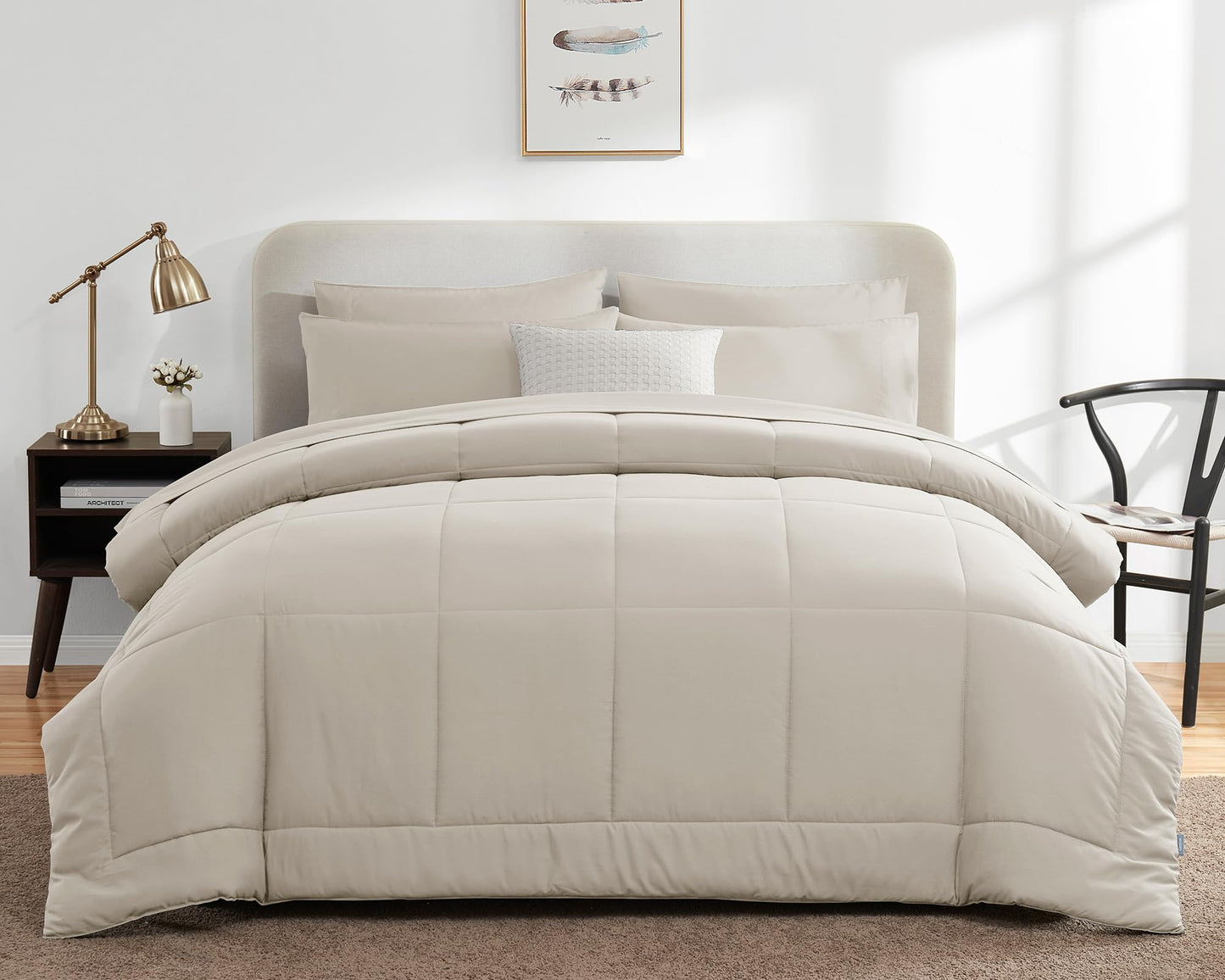 CozyLux Queen Comforter Set Beige, 7 Pieces Bed in a Bag, Beige Comforter Queen Size, All Season Bedding Sets with Stitch Quilted Comforter, Flat Sheet, Fitted Sheet, Pillowcases