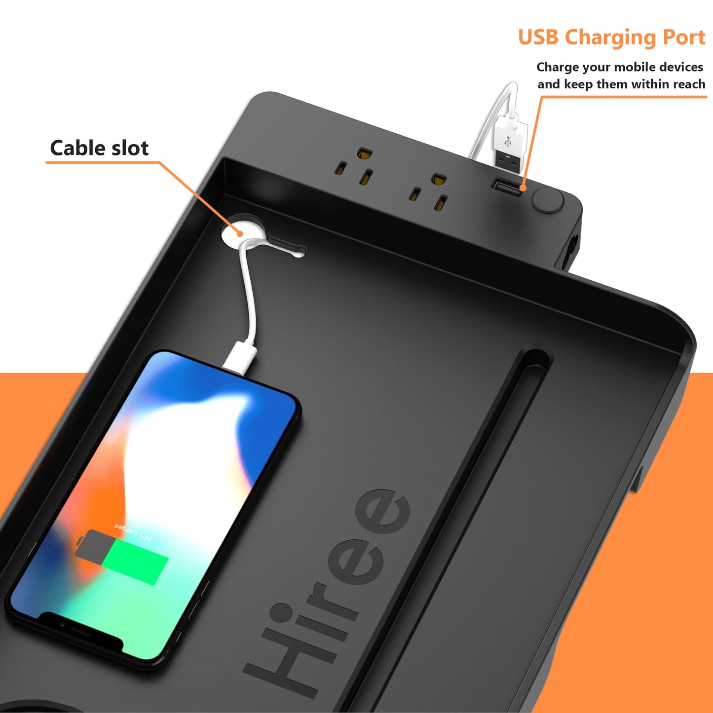 Bedside Shelf for Dorm Bunk Bed with USB Charging Port and AC Outlets, Bunk Bed Extender, Attachable Bedside Table, College Dorm Essential Clip On Bedside Tray, Bunk Bed Accessories, Plus Size, Black