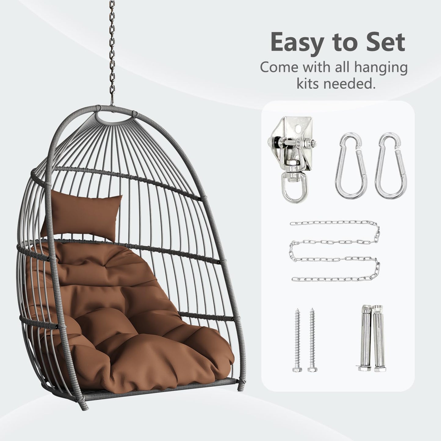 Hanging Egg Chair Without Stand, HDPE Rattan Foldable Swing Chair with Aluminum Frame & UV Resistant Cushion, Hammock Egg Basket for Indoor Outdoor Bedroom Garden, 350Lbs Capacity (Coffee)