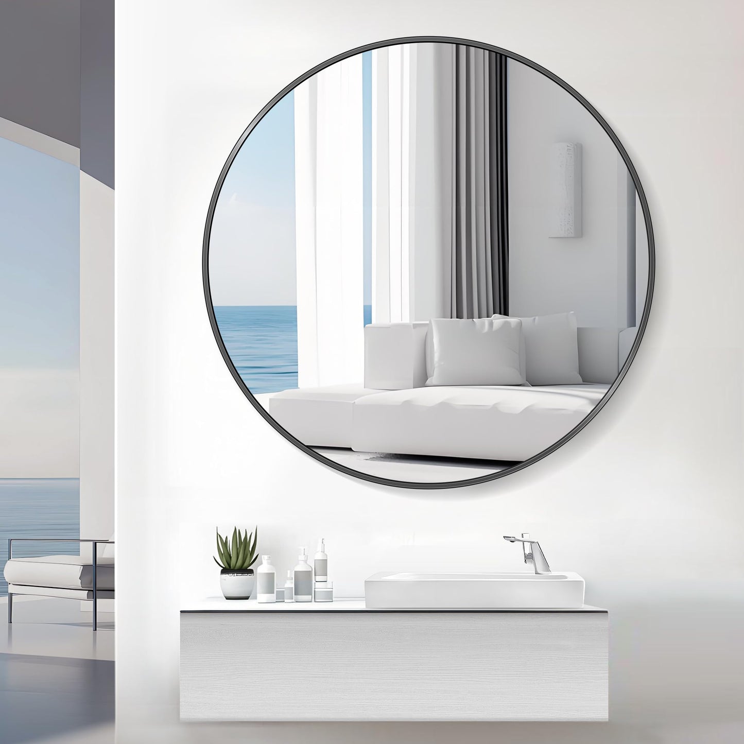 Koonmi 36" Black Circle Mirror Wall Mounted Round Mirror with Metal Frame for Bathroom/Living Room/Vanity/Bedroom