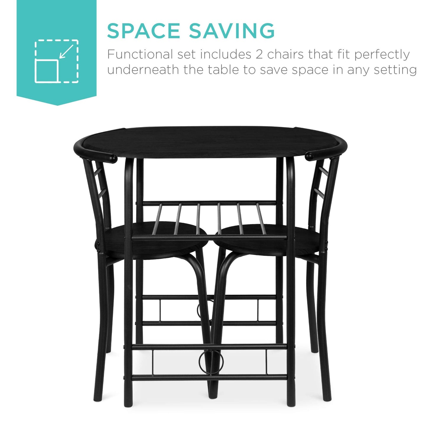 Best Choice Products 3-Piece Wooden Round Table & Chair Set for Kitchen, Dining Room, Compact Space w/Steel Frame, Built-in Wine Rack - Black