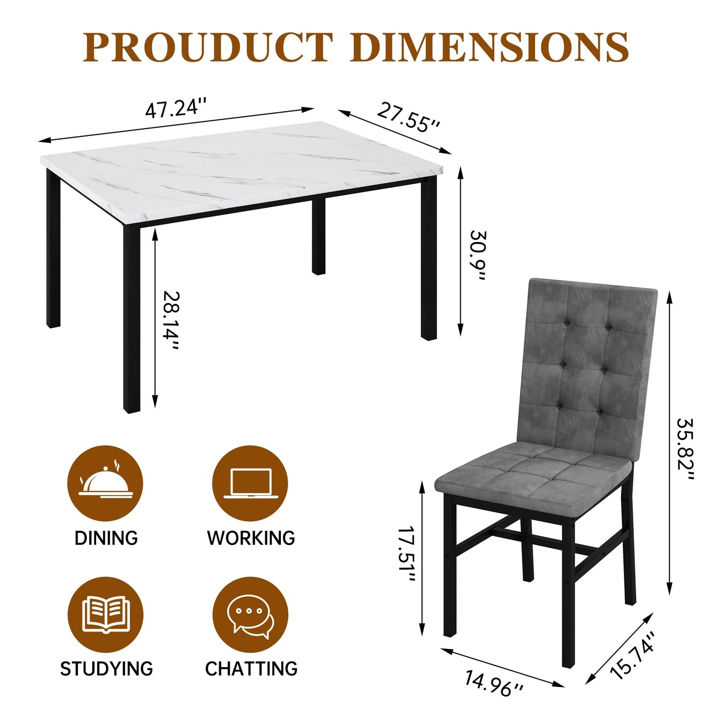 Hooseng Dining Room Table Set 5 Piece Dining Table Set Marble Dining Table 4 Chair Dining Table Set for Kitchen Living Room Breakfast Small Spaces (Grey)