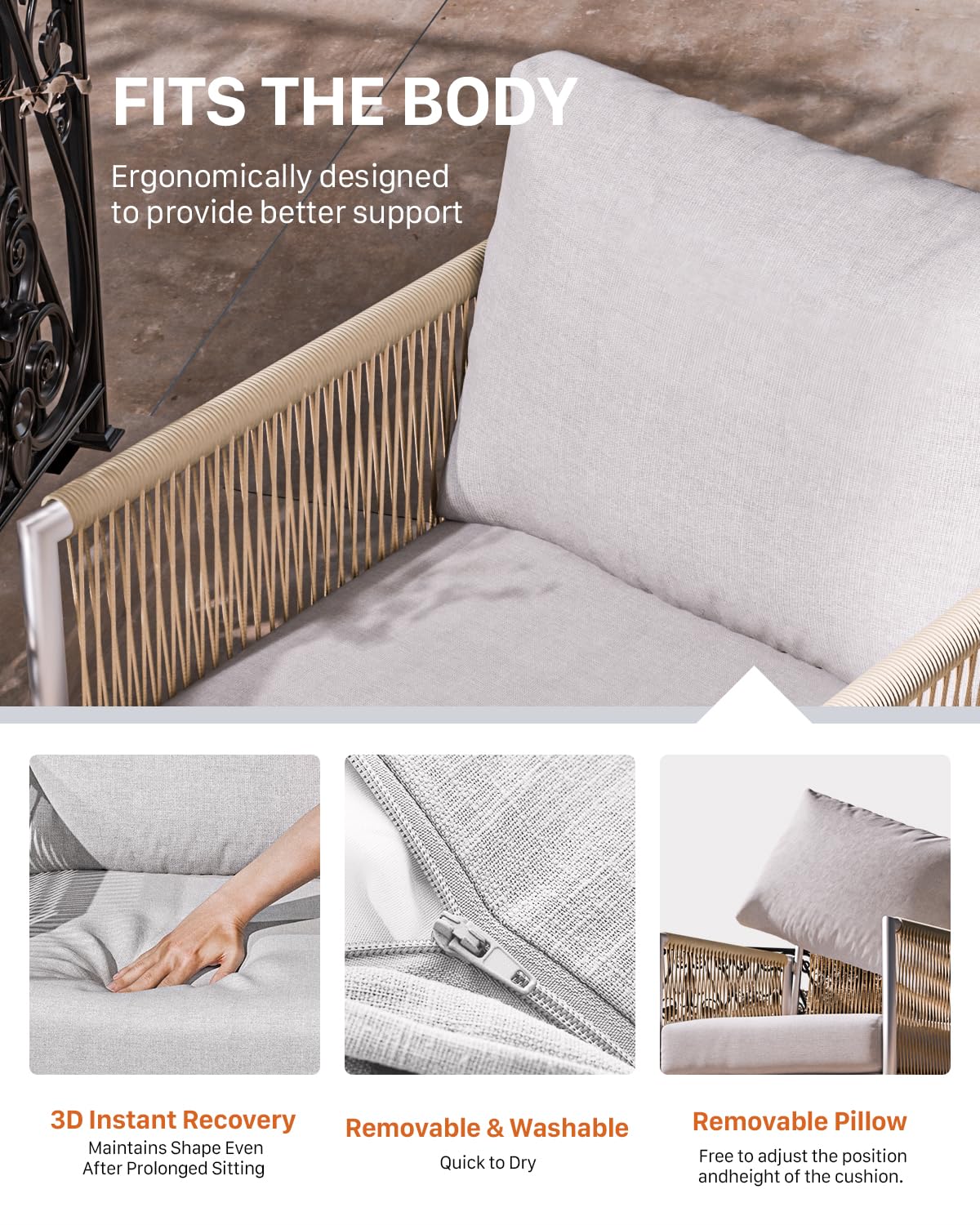 ZANDOR Aluminum Outdoor Front Porch Furniture Armchair 2 Sets, HDPE Woven Rope Rattan Bistro Patio Sofa Chair, Indoor Sectional Conversation Balcony Seat, Thick Cushion Wicker Backyard Sofa, Silver