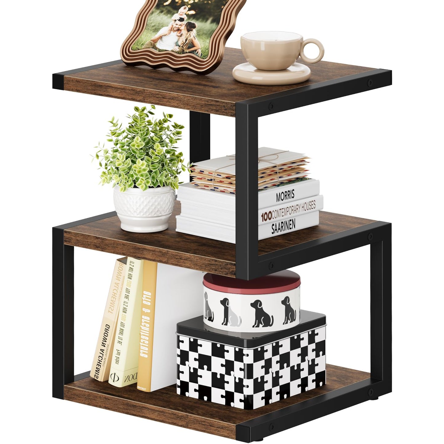Asgolion Side Table with 3-Tier Storage, S-Shape Bedside End Table for Small Spaces, 21.6'' Small Nightstand for Living Room, Bedroom, Easy Assembly, Rustic Brown and Black