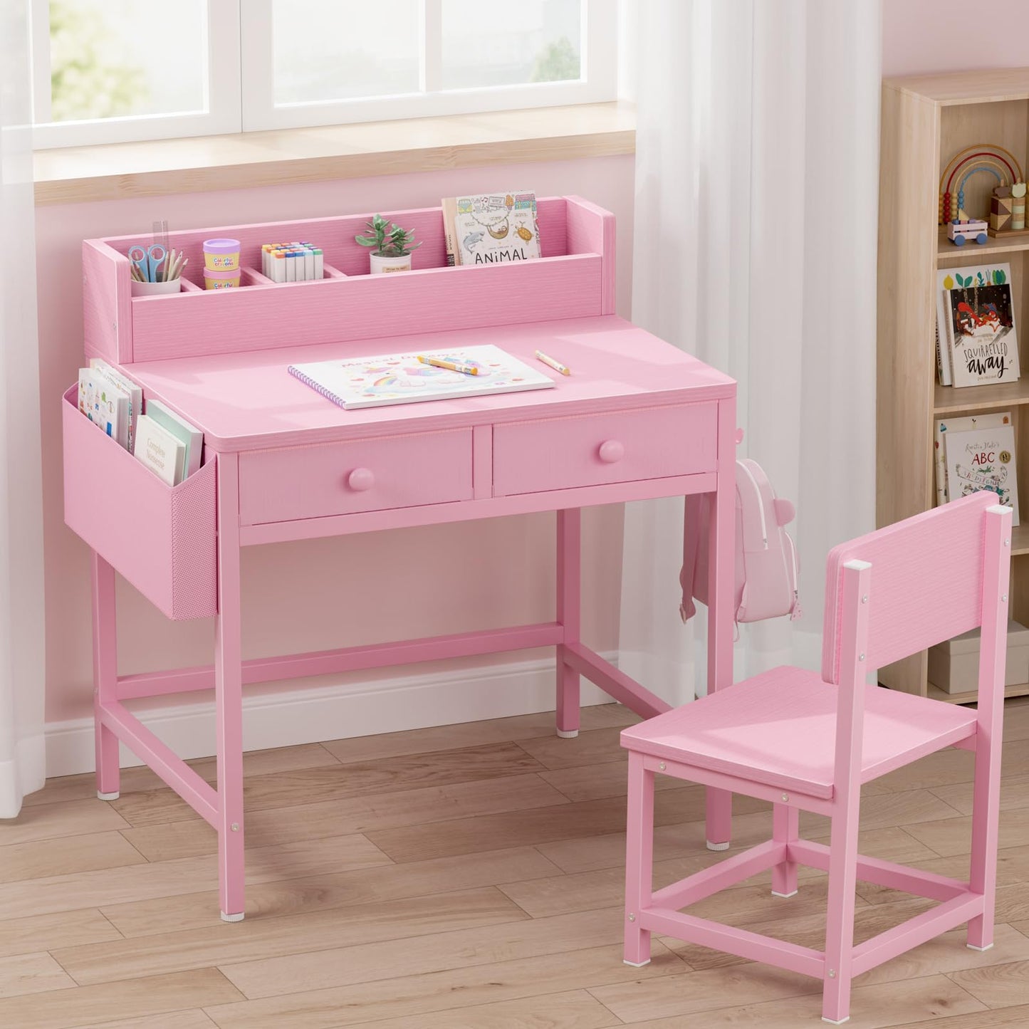 BOLUO Pink Kids Desk and Chair Set for 5-8 Year Old, Small Child Desk with Fabric Drawer, Children Study Table with Storage Girls Boys