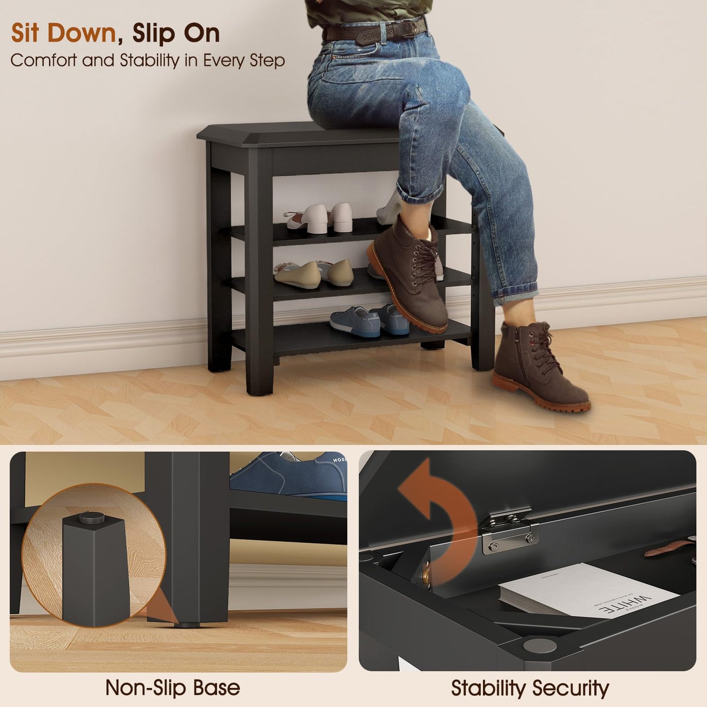 IUNVR Shoe Rack Bench Seat Rubberwood 3-Tier Wooden Storage Bench 550lbs Compact Mid-Century Modern Design for Entryway, Hallway, Closet, Front Door Entrance, Foyer