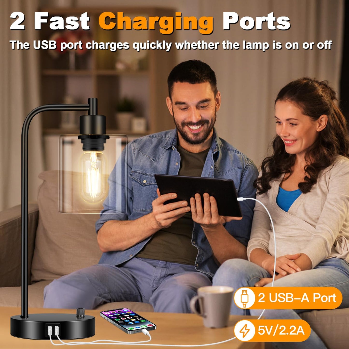 Industrial Table Lamp with 2 USB Charging Ports, Fully Stepless Dimmable Modern Nightstand Lamp, Glass Shade Bedside Desk Lamp for Bedroom Living Room Office, 6W 2700K LED Edison Bulb Included