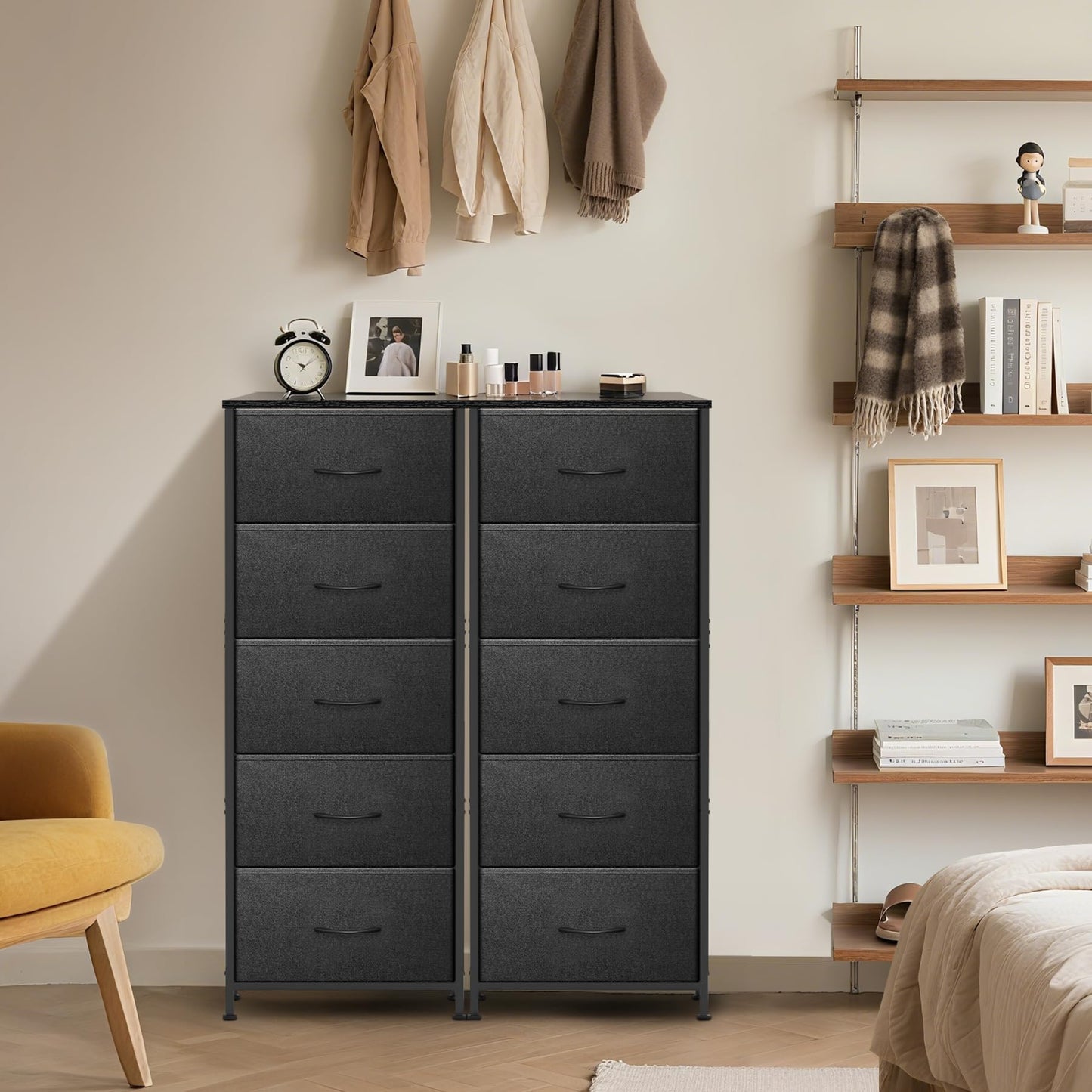 Sonharlar 5 Fabric Drawer Dresser for Bedroom, Chest of Drawers with Waterproof Wood Top Tall Dresser for Hallway, Living Room, Kid Room (Black and Charcoal Black)