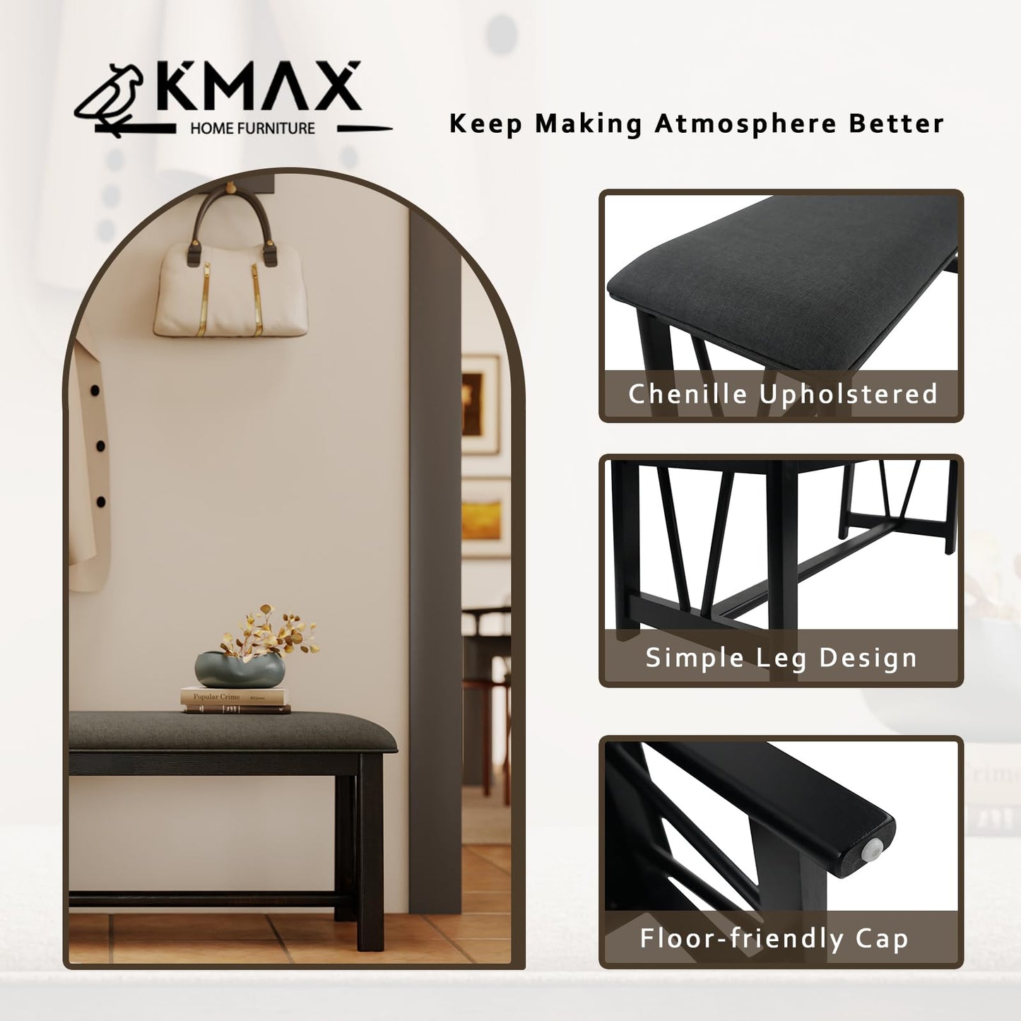 Kmax Entryway Bench, Upholstered Dining Bench with Solid Wood Legs Farmhouse Window Bench Rustic Bench Seat for Living Room Hallway Kitchen - Linen, Grey