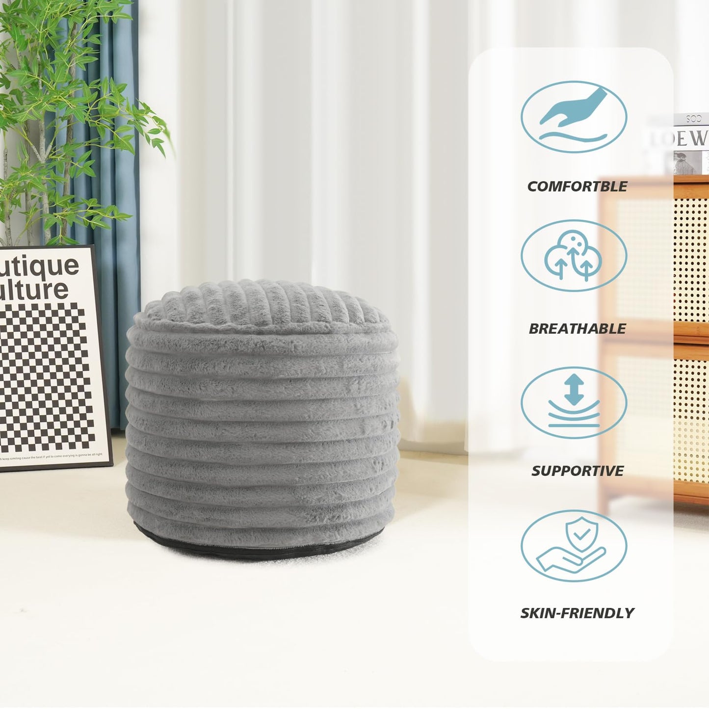 Pouf Ottoman Stuffed Round for Foot Rest, Faux Fur Poufs with Foam Chunk Filling, Storage Ottoman Pouf Foot Stool Cushion, 20 X 15 Inch Floor Chair for Living Room Bedroom Home Decor, Light Gray