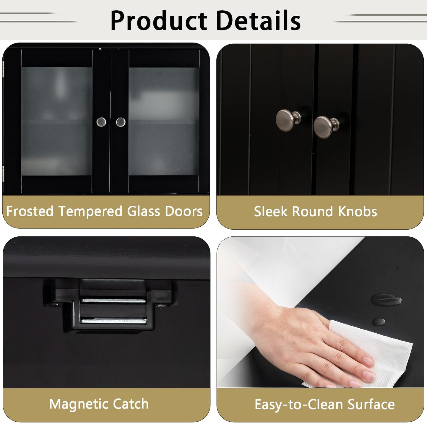 POWERSTONE Bathroom Storage Cabinet, Freestanding Floor Cabinet Organizer with Glass Doors & Adjustable Shelf, Wooden Kitchen Pantry Cupboard for Living Room, Bathroom, Office, Entryway (Black)