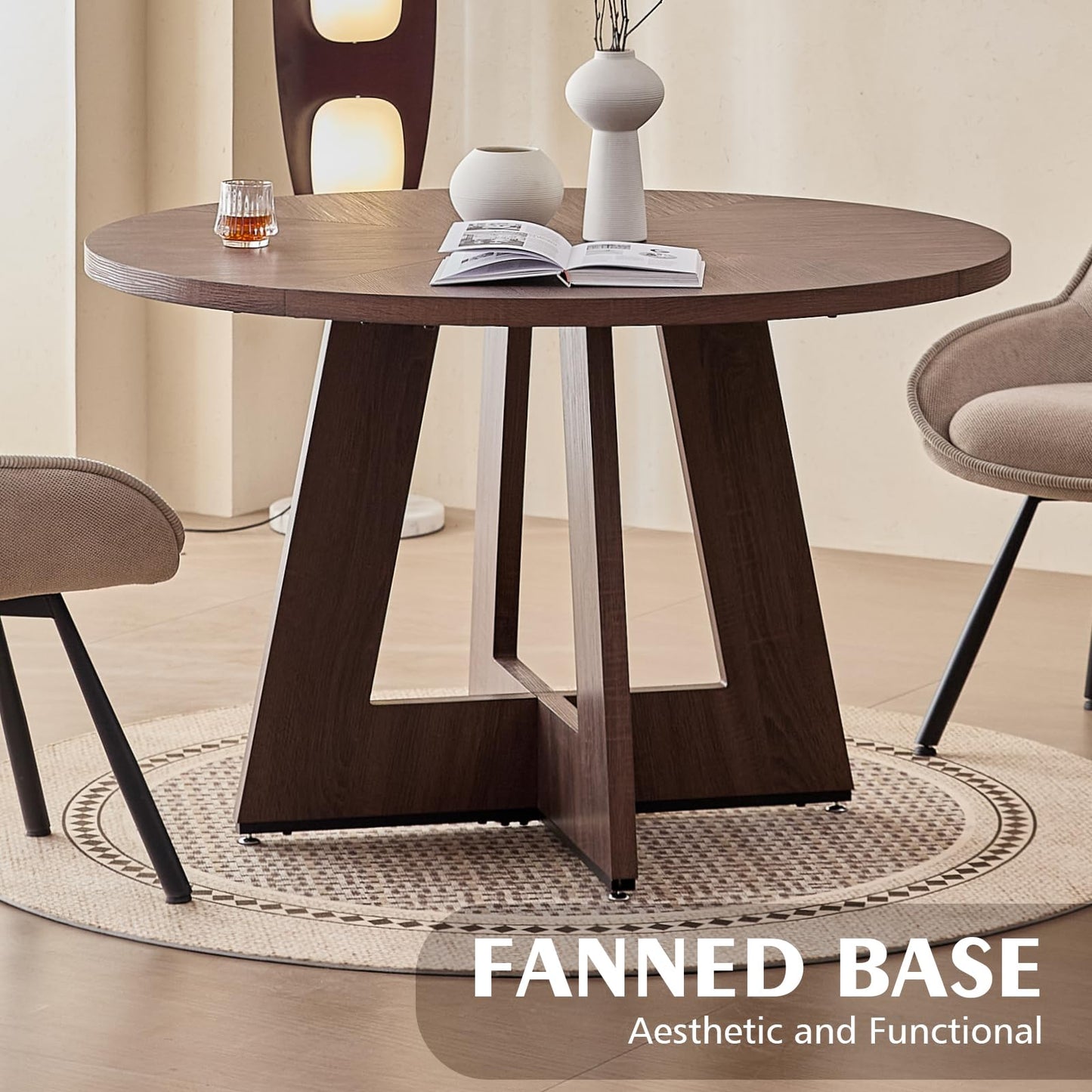 Lecafur HL 47" Round Dining Room Table Set for 4, [Fanned Base] [1.38" Thick Top] Wood Kitchen Table with 4 Swivel Dining Chairs